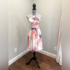 White House Black Market watercolor floral halter dress, Size 0